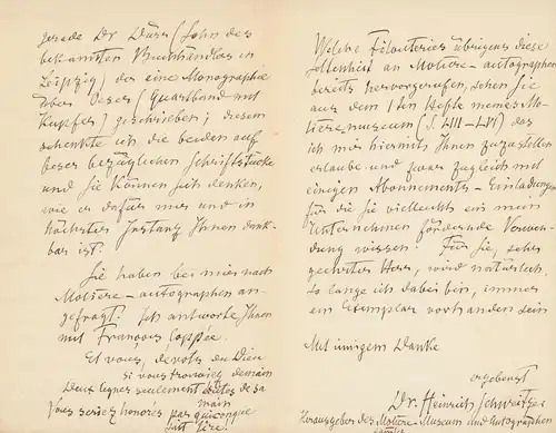 Schweitzer, Heinrich: Eigenh. Brief mit U. "Dr. Heinrich Schweitzer, Herausgeber des Molière Museum und Autographensammler". Wiesbaden, 8. IV. 1880. 8°. 3 Seiten, Doppelbl.. 