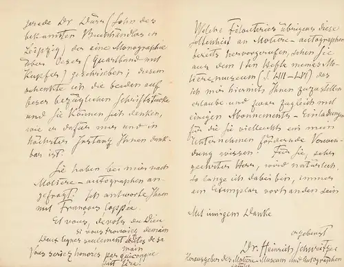 Schweitzer, Heinrich: Eigenh. Brief mit U. "Dr. Heinrich Schweitzer, Herausgeber des Molière-Museum und Autographensammler". Wiesbaden, 8. IV. 1880. 8°. 3 Seiten, Doppelbl. - [IM BUCH:...