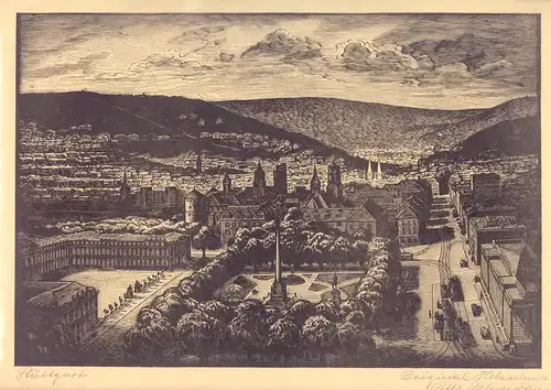 Stuttgart. Original-Holzschnitt von Otto Schwerdtner. Vom Künstler in der Platte monogrammiert u. unterhalb der Darstellung eigenhändig mit Bleistift bezeichnet u. signiert, Schwerdtner, Otto