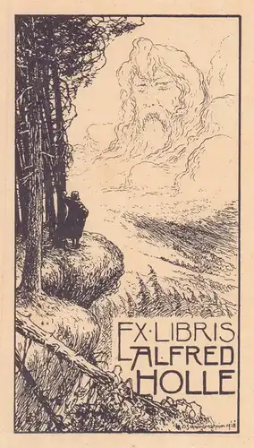 Schwindrazheim, Oskar: EXLIBRIS Alfred Holle. Strichätzung nach einer Federzeichnung von O. Schwindrazheim, in der Platte signiert u. datiert. 