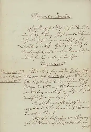 Handgeschriebene Senatsvorlage (Anträge). Propositio in Conventu Senatus et Civium. [Dies]  Jovis d. 21ten Augusti 1823. (Nebst Anlagen). 