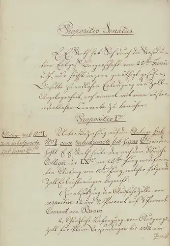 Senatsvorlage: Handgeschriebene Senatsvorlage (Anträge). Propositio in Conventu Senatus et Civium. [Dies]  Jovis d. 21ten Augusti 1823. (Nebst Anlagen). 