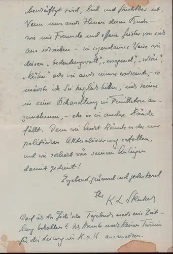 Skutsch, Karl Ludwig, dt. Kunsthistoriker u. Schriftsteller (1905-1958): Eigenh. Brief mit U., dat. 15. III. (19)49. 