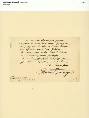 Eigenhändiges Albumblatt mit einer Strophe aus seinem Gedicht "Sommerfäden". Mit Unterschrift. Mit schwarzer Tinte auf geripptem Bütten. Berlin, 28. Dec. 1882. 