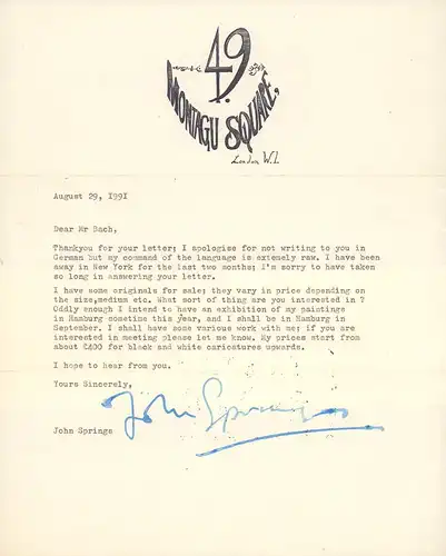 Springs, John: Machinenschriftl. Brief mit eigenhändiger Unterschrift. 