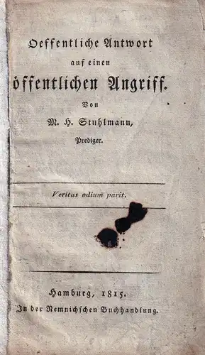 Stuhlmann, M(atthias) H(einrich): Oeffentliche Antwort auf einen öffentlichen Angriff. 