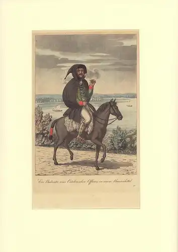 Ein Bedienter eines Catalonischen Officiers in einem Bauernkittel. Kolorierte Aquatinta-Radierung von Cornelius Suhr nach einer Zeichnung von Christopher Suhr. Mit Trockenstempel C. Suhr unterhalb der Darstellung, Suhr, Christoffer / Suhr, Cornelius