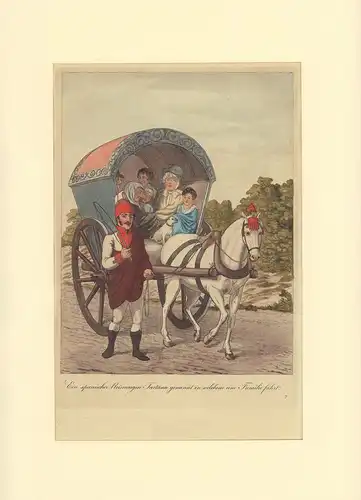 Ein spanischer Reisewagen, Tartana genannt, in welchem eine Familie fährt. Kolorierte Aquatinta Radierung von Cornelius Suhr nach einer Zeichnung von Christopher Suhr. Mit Trockenstempel C.. 