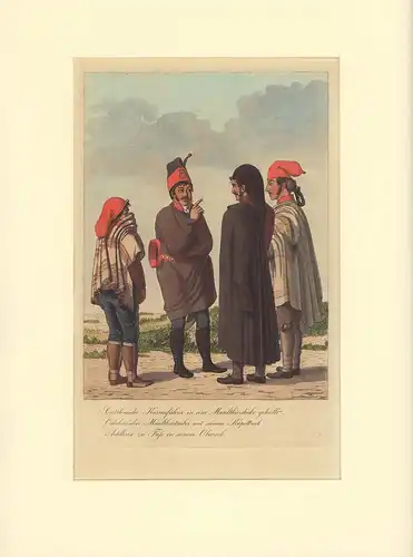 Catalonische Karrenführer in eine Maulthierdecke gehüllt. Catalonischer Maulthiertreiber mit seinem Kapottrock. Artillerist zu Fuß in seinem Oberrock. Kolorierte Aquatinta Radierung von Cornelius Suhr nach einer.. 