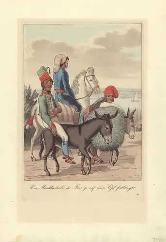 Ein Maulthiertreiber, der Fourage auf einem Esel fortbringt. Kolorierte Aquatinta-Radierung von Cornelius Suhr nach einer Zeichnung von Christopher Suhr. Mit Trockenstempel C. Suhr unterhalb der Darstellung, Suhr, Christoffer / Suhr, Cornelius