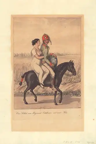 Ein Soldat vom Regiment Catalonien mit seiner Frau. Kolorierte Aquatinta-Radierung von Cornelius Suhr nach einer Zeichnung von Christopher Suhr. Mit (recht schwachem) Trockenstempel C. Suhr unterhalb der Darstellung, Suhr, Christoffer / Suhr, Cornelius