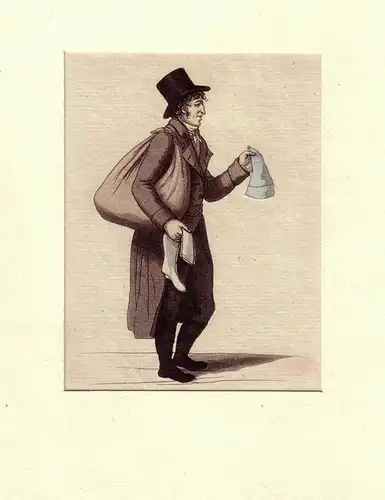 Boom wollne Mitschen un Strümp. [Baumwollmützen! Strümpfe!]. Kolorierte Aquatintaradierung von Christopher Suhr, Suhr, Christopher