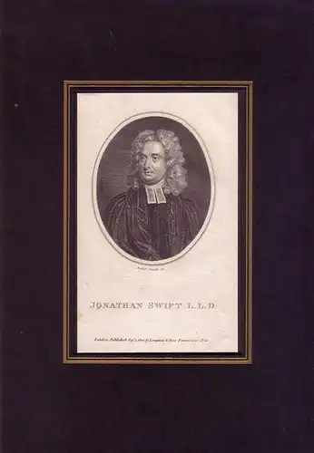 PORTRAIT Jonathan Swift. (1667 Dublin-1745 ebda., Schriftsteller und Geistlicher). Brustbild im Dreiviertelprofil. Stahlstich v. Anker Smith