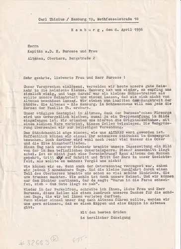 Thinius, Carl (1889-1976), dt. Verleger, Publizist u. Hamburgensiensammler: Maschinenschriftl. Brief (Durchschlag) an Freunde in Altenau im Oberharz. 