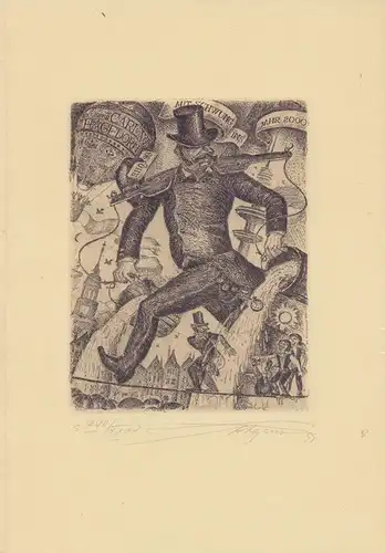 EXLIBRIS für Carl W. Hagedorn. Hurtig springende "Hummel-Hummel"-Figur vor Hamburg-Panorama mit "Michel" und "Telemichel" und Spruchband "Mit Schwung ins Jahr 2000", Vereschagin, Vladimir