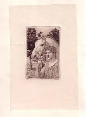 Jüngling, ein Pferd am Zügel führend. Kaltnadelradierung, in der Platte monogrammiert, Volkmann, Artur