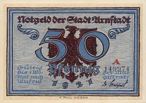 Weber, A. Paul: Notgeld der Stadt Arnstadt: 50 Pfennig. Vollständiger Satz von 6 Varianten. 