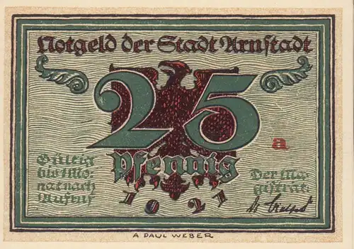 Weber, A. Paul.: Notgeld der Stadt Arnstadt: 25 Pfennig. Vollständiger Satz mit 6 Varianten. 