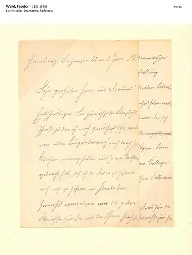 Wehl, Feodor  (1821-1890), Schriftsteller, Dramaturg, Redakteur: Eigenhändiger Brief mit Unterschrift. Mit Bleistift auf liniiertem Schreibpapier. Hamburg, Bogenstr. 22 am 1. Jan. 90. 