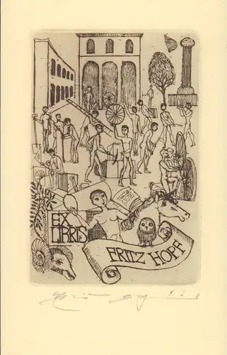 Exlibris Fritz Hopf. Radierung, Weidenhaus, Elfriede
