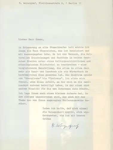 Weyergraf, Bernhard, dt. Soziologe, Literaturwissenschaftler u. Übers. (Lebensdaten nicht ermittelt): Maschinenschriftlicher Brief mit U. 