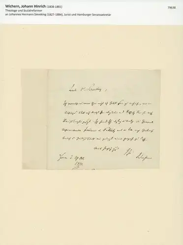 Wichern, Johann Hinrich (1808-1881), Theologe und Sozialreformer. Eigenhändiger Brief mit Unterschrift. Mit schwarzer Tinte auf Briefpapier. Horn (später Hamburg) 27. Oct. 1871.