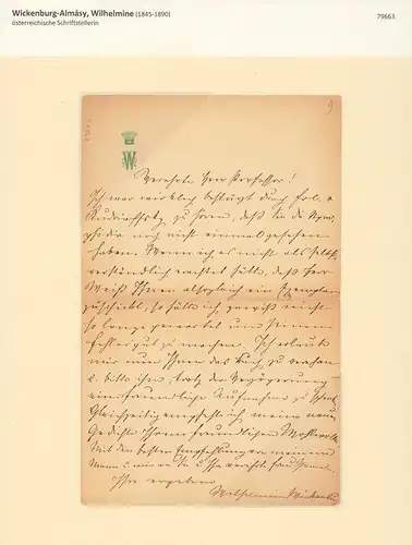 Wickenburg-Almásy, Wilhelmine (1845-1890), österreichische Schriftstellerin: Eigenhändiger Brief mit eigenhändiger Unterschrift, undatiert. 