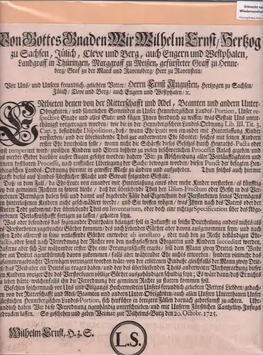 Wilhelm Ernst, Herzog zu Sachsen-Weimar: Patent betreffend Erbrecht der Kinder bei Wiederheirat des verwitweten Elternteils. 