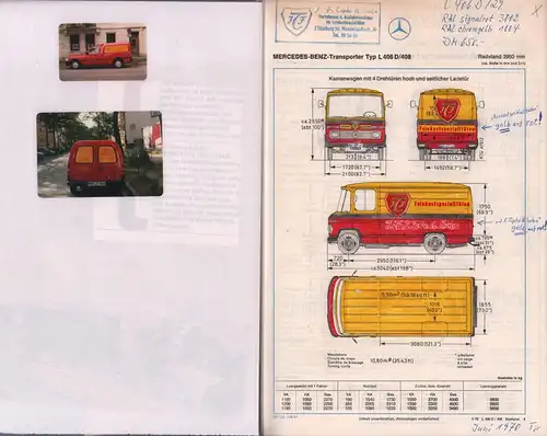 Konvolut von Unterlagen über Bestellung und Lackierung eines Mercedes Benz-Transporter Typ L 406 D/408 für das Feinkost-Geschäft J. F. Tipke in Hamburg-Bahrenfeld. 