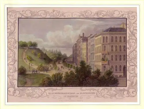 Glockengießerwall und Alsterhöhe in Hamburg. Altkolorierter eiweißgehöhter Stahlstich von J. Gray nach Zeichnung von C. M. Laeisz