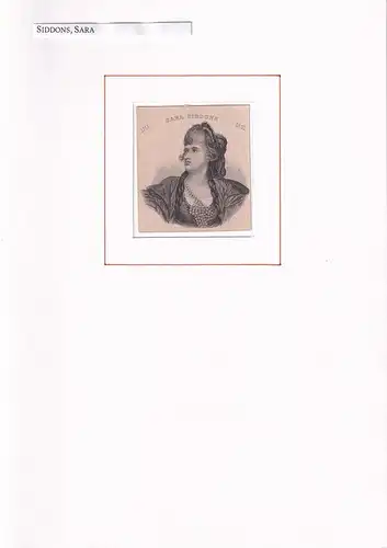 PORTRAITSara Siddons. (1755 Brecon, Wales - 1831 London. Britische Schauspielerin). Schulterstück im Halbprofil. Stahlstich, Siddons, Sara