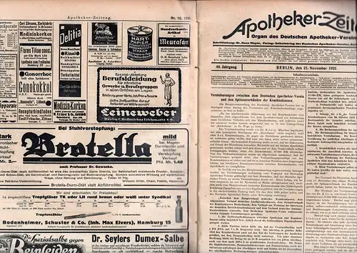 Apotheker-Zeitung. JG. 40 / 1925 (= Nr. 1 bis 104) in 2 Bdn.  Hrsg. v. Deutschen Apotheker-Verein. Verantwort. Hans Meyer. 