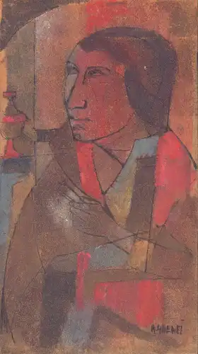 Tempera über Tusche auf Japanpapier. [Ohne Titel, männliche Person, Halbfigur nach links], Ghelfi, Augusto