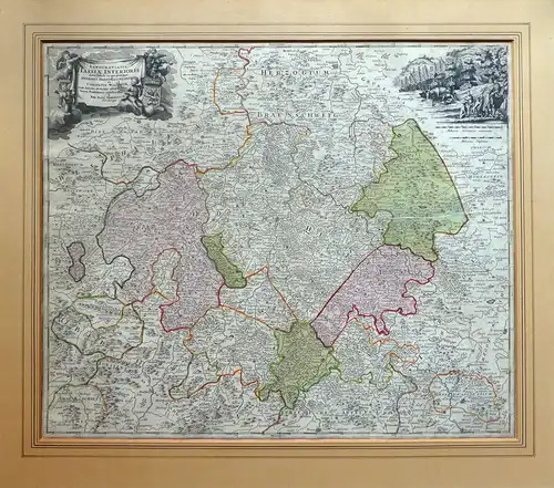 Landgraviatus Hassiae Inferioris nova Tabula in qua praecipue ditionis Hasso-Casselense et Comitatus Waldeck. Altkolorierter Kupferstich mit 2 unkolor. figürlichen Kartuschen, Homann, Johann Baptist