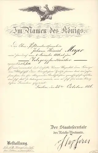 Bestallungs-Urkunde des Reichs-Postamtes für einen Telegrafendirektor. Datiert 25ten October 1886. 