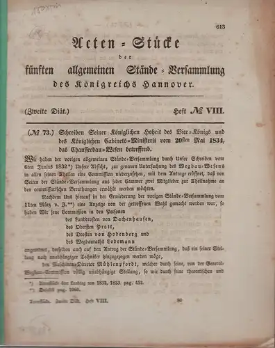 Acten-Stücke der fünften allgemeinen Stände-Versammlung des Königreichs Hannover. (Zweite Diät). HEFT No. VIII. 