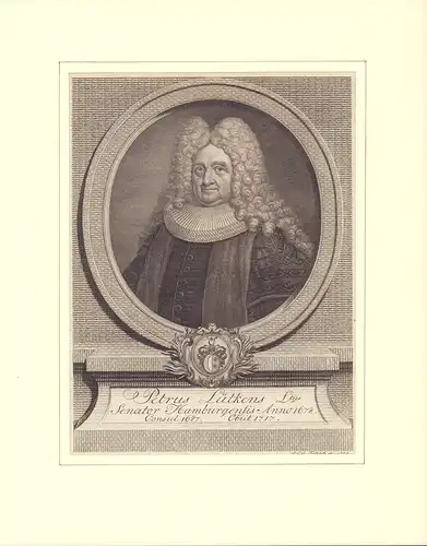 PORTRAIT "Petrus Lütkens Ltus. Senator Hamburgensis Anno 1678. Consul 1687, Obiit 1717". Kupferstich von J. C. G Fritzsch, Lütkens, Peter d. J. (1636 Hamburg - 1717 ebda.)