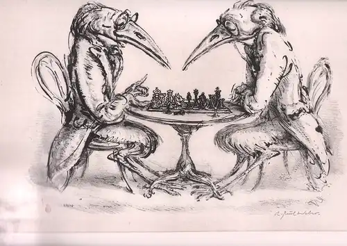Die beiden Marabus [beim Schach]. Original-Lithographie auf Bütten (Nachlassblatt), Weber, A. Paul (1893-1980)