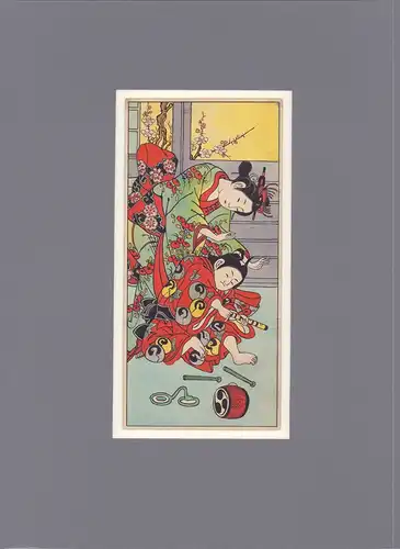 Japanische Tuschzeichnung [Mutter, über ihr mit Musikinstrumenten beschäftigtes Kind gebeugt]. Feder und Aquarell, anonym. 