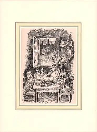 Die Bremer Stadtmusikanten. Schwarz-weiß-Offsetlithographie von Otto Schubert