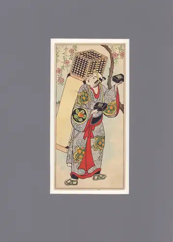 Japanische Tuschzeichnung [Grillenverkäufer u. Vogelhändler mit großer Rückenkiepe, zwei Grillenkästchen präsentierend]. Feder und Aquarell, anonym. 