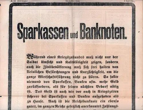 Sparkassen und Banknoten. (2. Beilage zu Nr. 358 der Neuen Hamburger Zeitung; Abend-Ausgabe vom 3. August 1914). 