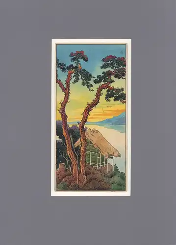 Japanische Tuschzeichnung [Strohgedeckte Einsiedelei hoch über einer gebirgigen Bucht]. Feder und Aquarell, anonym. 