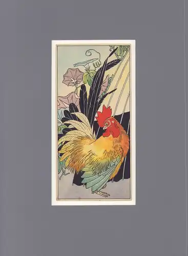 Japanische Tuschzeichnung [Prächtiger Hahn im Profil vor blühenden Winden und einem mit Tuch bespannten Paravent]. Feder und Aquarell, anonym. 