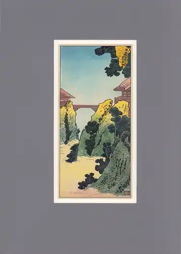 Japanische Tuschzeichnung [Bergklöster über von Nebeldunst erfüllter Felsschlucht]. Feder und Aquarell, anonym. 