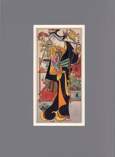 Japanische Tuschzeichnung [Junge Blumenverkäuferin, blühende Topfpflanzen in Bambusgestellen am Schulterjoch tragend]. Feder und Aquarell, anonym. 