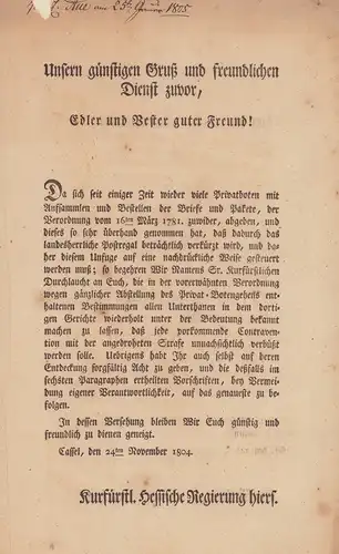 Verordnung [zur Abstellung des Privatpostwesens], [Wilhelm I., Kurfürst von Hessen-Kassel]