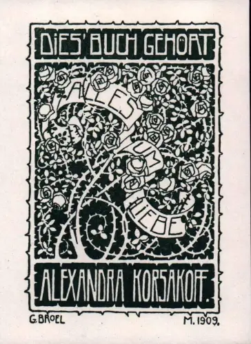 Exlibris Alexandra Korsakoff. "Alles um Liebe". Klischee nach einer Zeichnung, Broel, G
