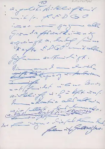 Gollwitzer, Helmut: [Redeentwurf (Fragment)] in blauer Tinte. Unterzeichnet "Helmut Gollwitzer". 