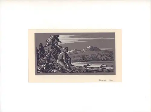 Kent, Rockwell: Rastender Jäger vor nordischer Berglandschaft mit See. Siebdruck von 3 Sieben (ohne Titel). 